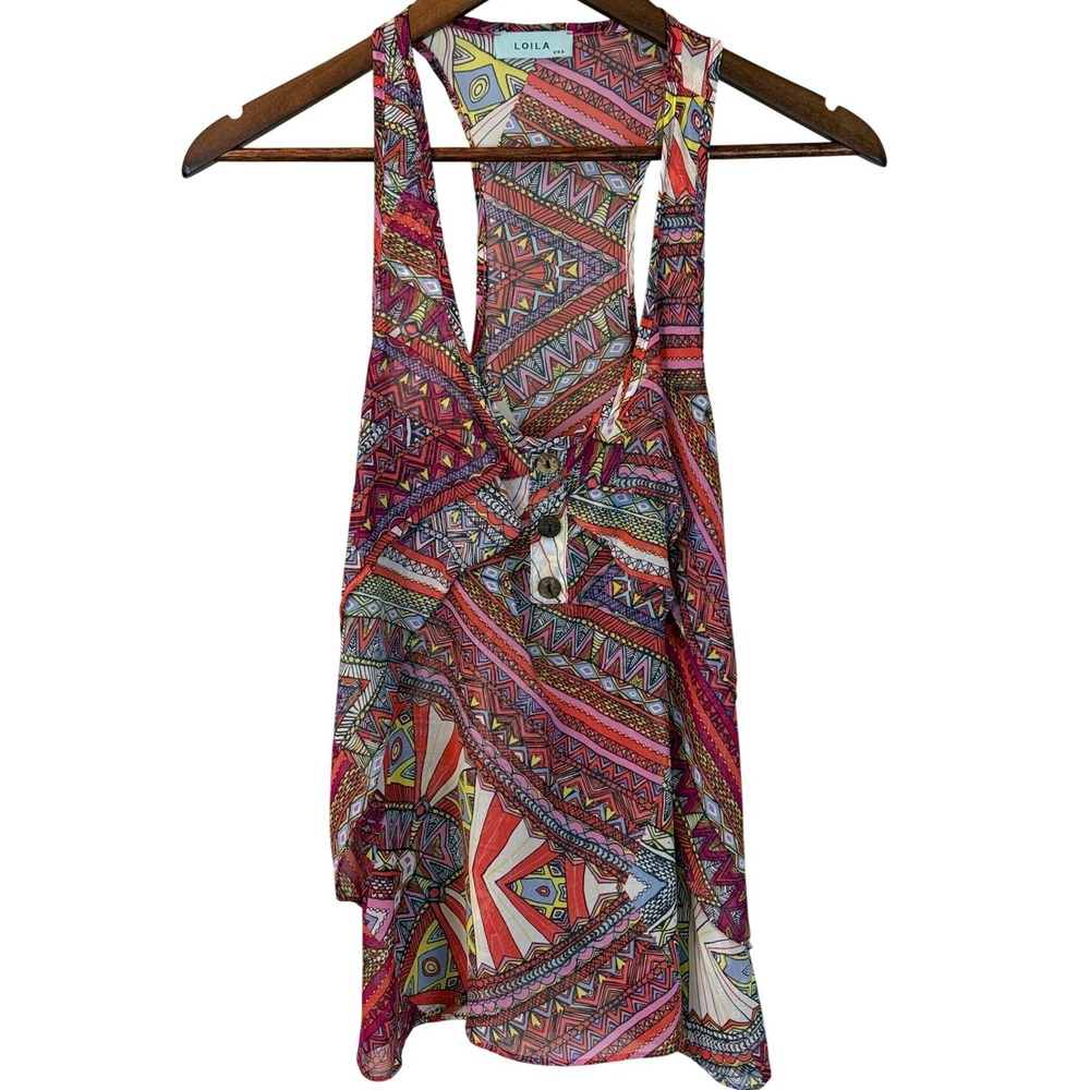 Loila‎ USA Pink Geometric Aztec Chiffon Racerback Ruffle Tank size Small